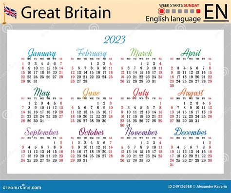English Horizontal Pocket Calendar For 2023 Week Starts Sunday Stock