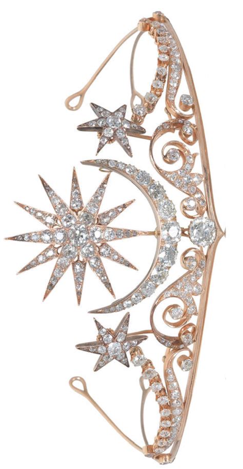 a diamond tiara brooch ring combination c1900 central sunburst and crescent moon motifs above a