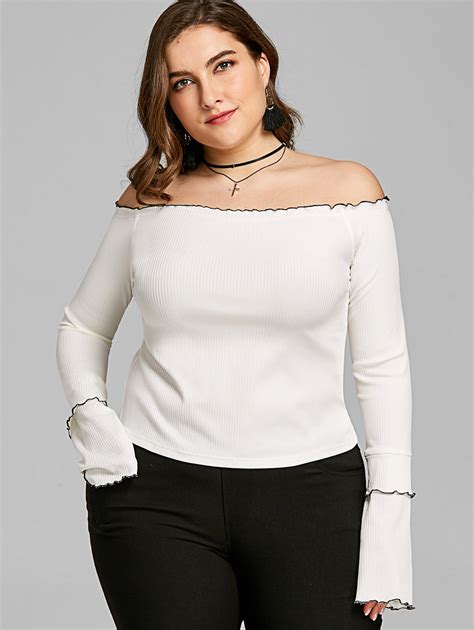 Wipalo Plus Size Off Shoulder Ribbed Knit Top Bardot Sexy Tee 2018