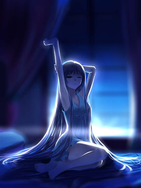 Wallpaper Night Long Hair Anime Girls Reflection Bed Blue Glass