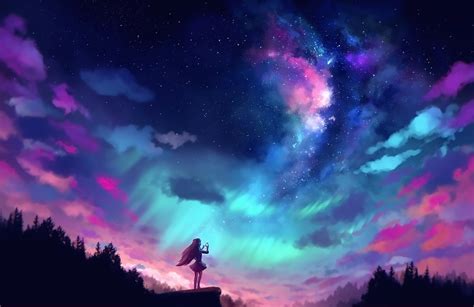 X Anime Girl And Colorful Sky X Resolution Wallpaper Hd