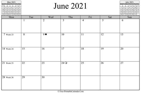 June 2021 Calendar Horizontal Layout