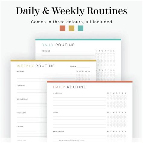 The Daily And Weekly Routine Planner Is Shown In Three Different Colors