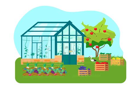 Vector Illustration Of Greenhouse With Different Plants Inside In Flat