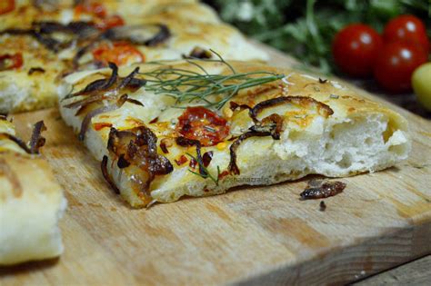 Focaccia With Cherry Tomatoes And Caramelized Onion Recipe By Archanas