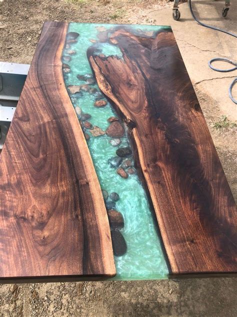 Live Edge Walnut River Table With Stones And Leaves Etsy Canada