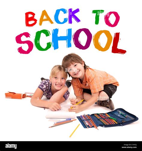 Kids Posing For Back To School Theme Over White Background Stock Photo
