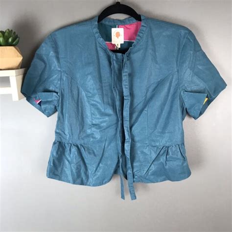 Tulle Womens Cropped Jacket Teal Short Sleeve Button Up Size Large E6