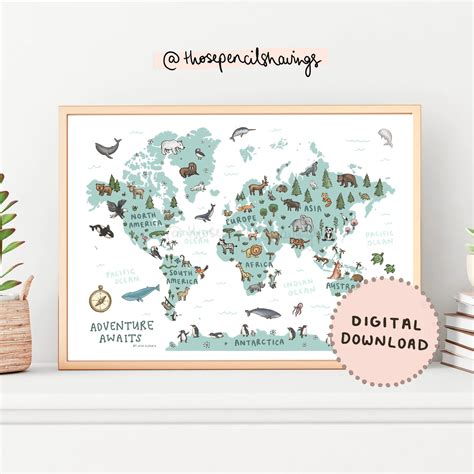 Map Of The World Print Illustrated World Map Nursery Etsy Australia