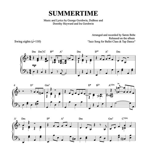 Summertime Piano Sheet Music For Ballet Class Tendu