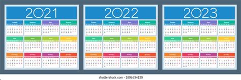Calendar 2021 2022 2023 Colorful Set Stock Vector Royalty Free
