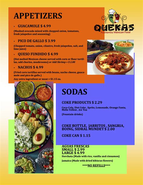 (asada steak, pollo chicken, chorizo mexican sausage, lengua tongue.) tacos al pastor 9.75. Menu | Quekas Authentic Mexican Restaurant