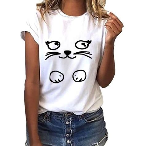 buy jaycosin fashion women s loose short sleeved cat print t shirt casual o
