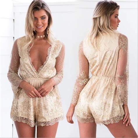 Women Jumsuits Rompers Lace Short Sexy Hot Deep V Neck Club Fashion Button Jumpers Lace