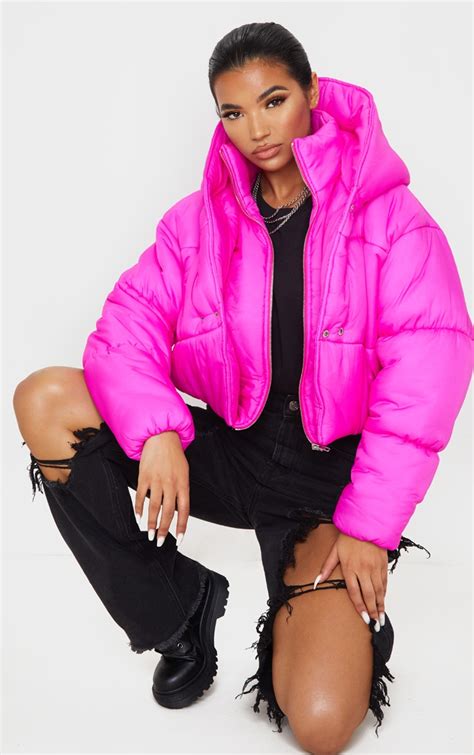 Hot Pink Double Layer Cropped Hooded Puffer Prettylittlething Usa