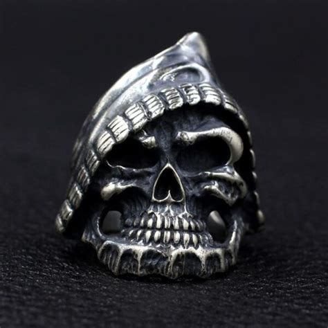 Black Sterling Silver Grim Reaper Biker Skull Ring Vvv Jewelry