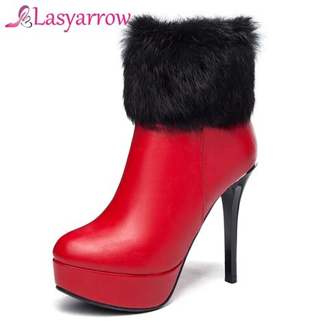 lasyarrow plus size sexy women s stiletto boots high heels fur winter warm ankle boots for women