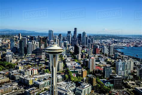 Aerial View Of Space Needle In Seattle Cityscape Washington United