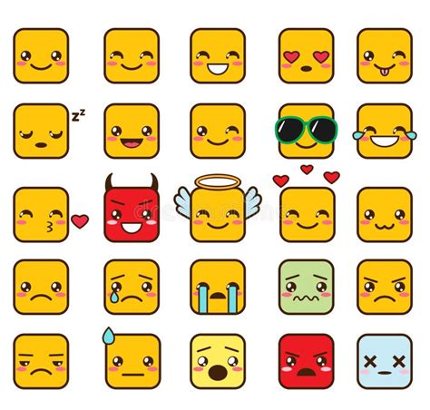 Sistema De Emojis Cuadrados Lindos Del Kawaii Ilustración Del Vector