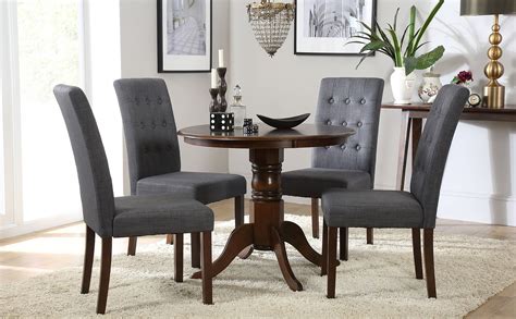 Kingston Round Dark Wood Dining Table With 4 Regent Slate Fabric Chairs