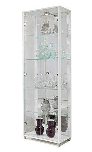 Home Double Glass Display Cabinet White With Mirror Back 4 Moveable Glass Shelves Spotlight
