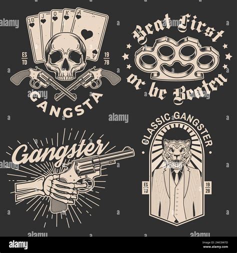 set of gangster club badge design vector illustration vintage monochrome label sticker patch