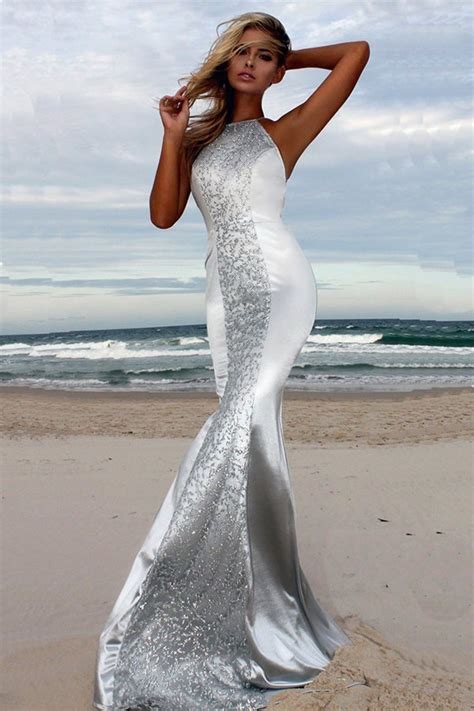 Hualong Elegant Halter Silver Backless Formal Dresses