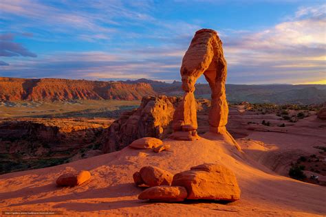 Download Wallpaper Delicate Arch Arches National Park Sunset Rocks