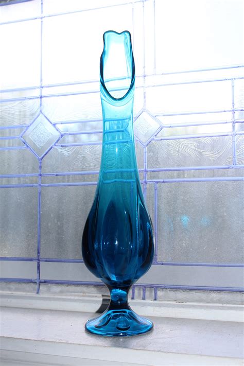 Large Blue Swung Glass Vase 17 5 Vintage Mid Century Modern