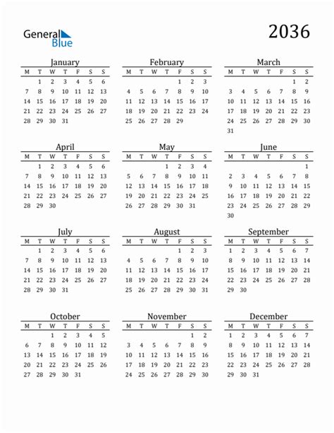2036 Yearly Calendar Templates With Monday Start