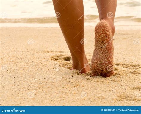 Asian Women Legs Foot Step On Tropical Sand Beach Walking Female Feet