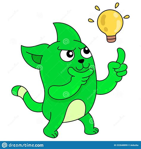 Green Cat Is Thinking And Getting Inspired Ideas Doodle Icon Image