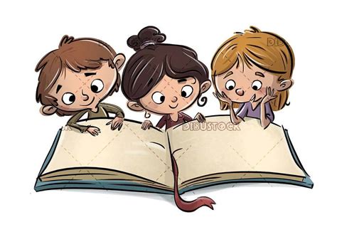 Tres Niños Con El Libro Gigante Abierto Dibustock Ilustraciones