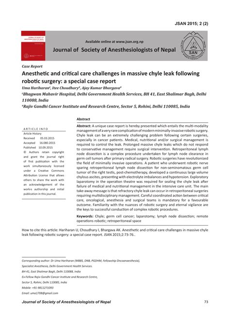 Pdf Anesthetic And Critical Care Challenges In Massive Chyle Leak