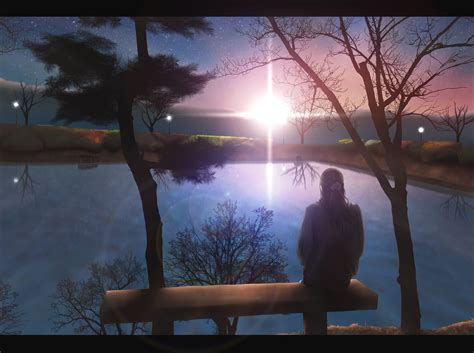 Anime Anime Girls Sitting Alone Lake Sunset Original Characters Wallpapers Hd Desktop