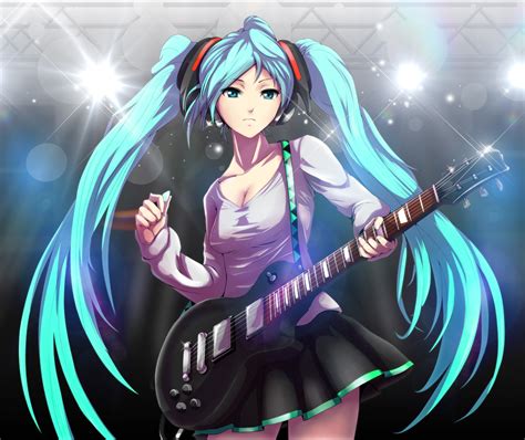 Aqua Hair Guitar Hatsune Miku Headphones Infinote Instrument Long Hair