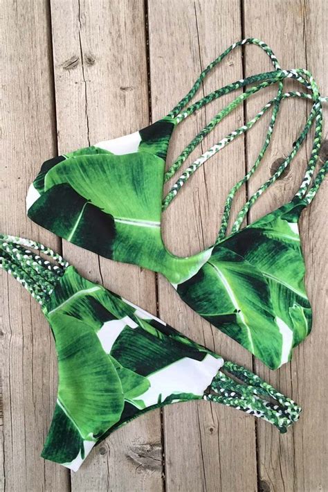 banana leaf braided strappy bikini bathing suits vintage bikini set leaf print bikini green