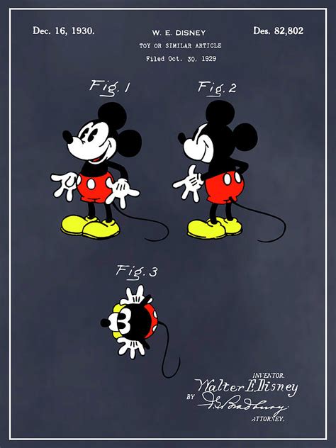 1930 Walt Disney Colorized Mickey Mouse Patent Print Blackboard Drawing