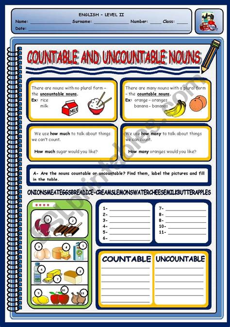 Countable And Uncountable Nouns 1 Esl Worksheet By Xani
