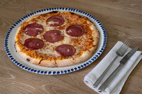 Salami Pizza On A Plate Stock Photo Image Of Junk Italian 257034788