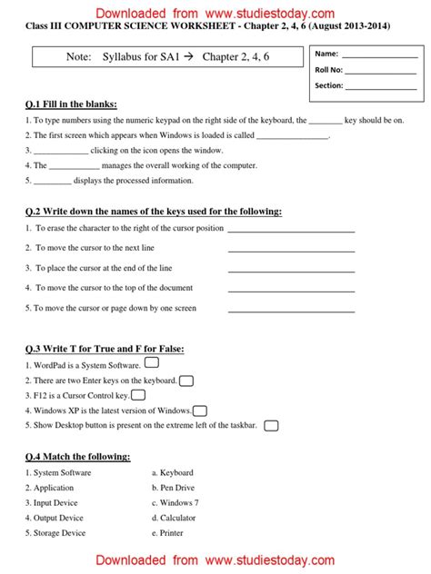 Cbse Class 3 Computer Practice Worksheet 11 With Answers Computer