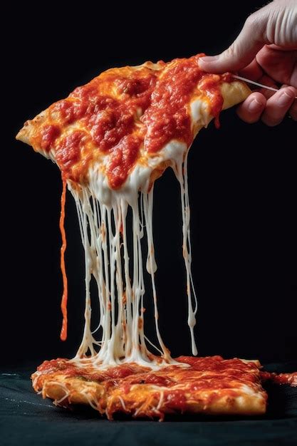 Premium Ai Image Pizza Slice Being Lifted With Gooey Cheese Strings Attached Created With