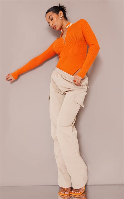 Orange High Neck Stripe Long Sleeve Bodysuit Prettylittlething