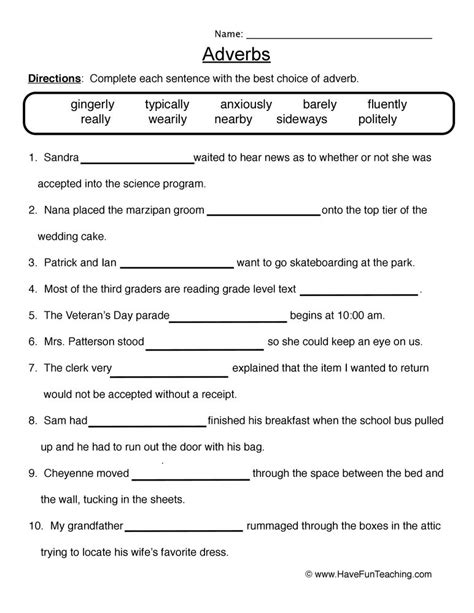 Adverb Worksheet With Answers Pdf