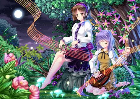 2girls Barefoot Brown Hair Dress Flowers Headband Instrument Moon Music Night Purple Hair Short
