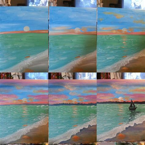 Step By Step Beach Scene With Setting Sun And Sailboat Beginner