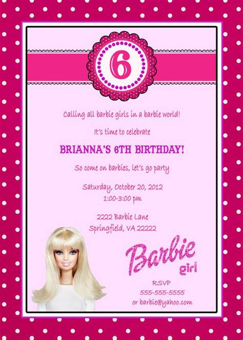 5x7 Barbie Birthday Invitation 3 Designs Available By Announcementsplus 15 00 Glamping