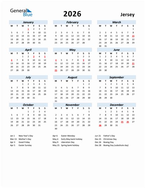 2026 Holiday Calendar For Jersey Monday Start