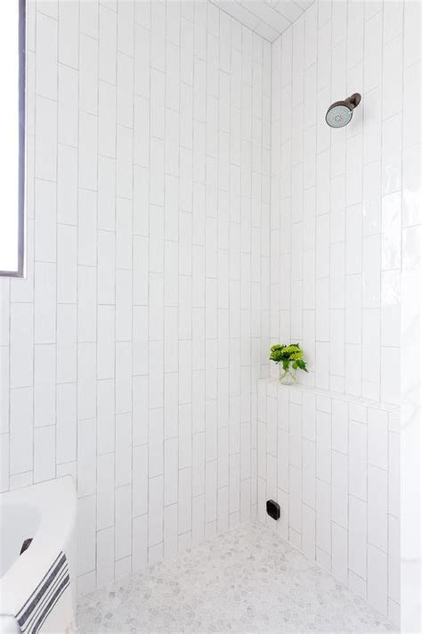 White Tiled Shower Ledge Transitional Bathroom White Tile Shower White Bathroom Tiles