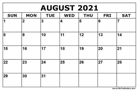July august 2021 calendar printable in editable & printable format is provided here. Free Printable August 2021 Calendar : 24x7calendars.com